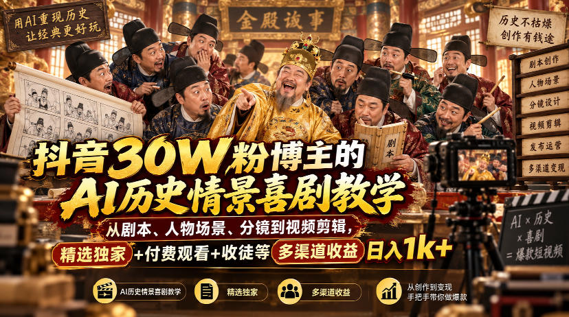 抖音30W粉博主的AI历史情景喜剧教学,从剧本、人物场景、分镜到视频剪辑,精选独家+付费观看+收徒等多渠道收益日入1k+-超级个体网赚