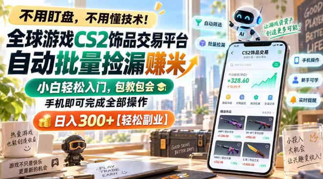 全球游戏CS2饰品交易平台自动批量捡漏賺米,小白轻松入门,包教包会,手机即可完成全部操作,日入300+【揭秘】-摇钱树
