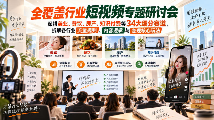 短视频专题研讨会,深耕美业、餐饮、房产、知识付费等34大细分赛道,拆解各行业流量规则、内容逻辑与变现核心玩法-摇钱树