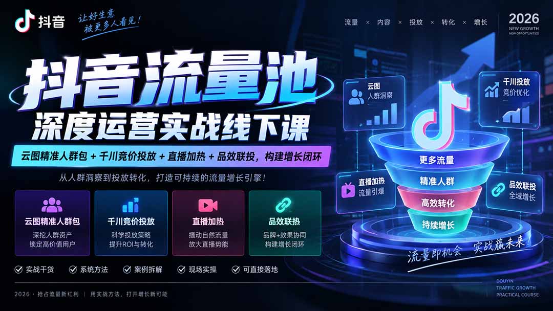 抖音流量池深度运营实战线下课|云图精准人群包+千川竞价投放+直播加热+品效联投,构建增长闭环-摇钱树