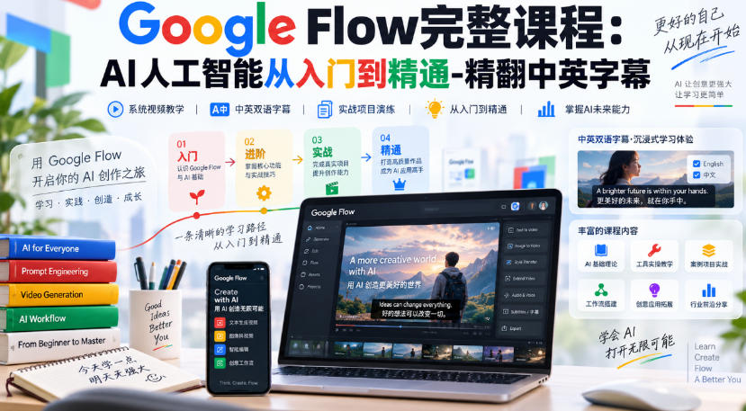 【无水印】Google Flow完整课程:AI人工智能从入门到精通-精翻中英字幕-摇钱树