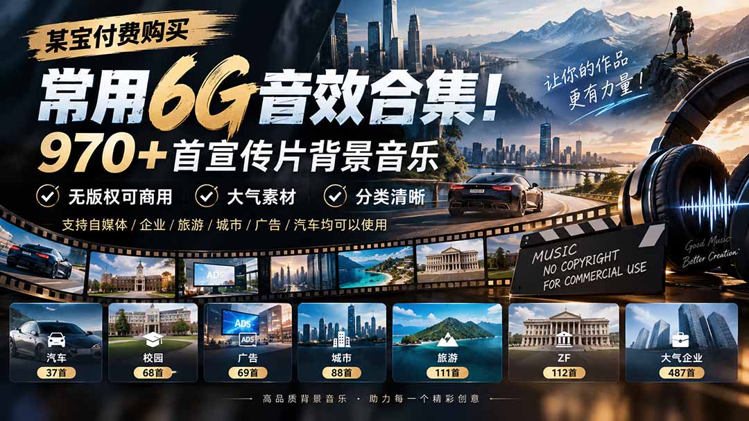 某宝付费购买,常用6G音效合集!970+首宣传片背景音乐,无版权可商用大气素材,分类清晰-摇钱树