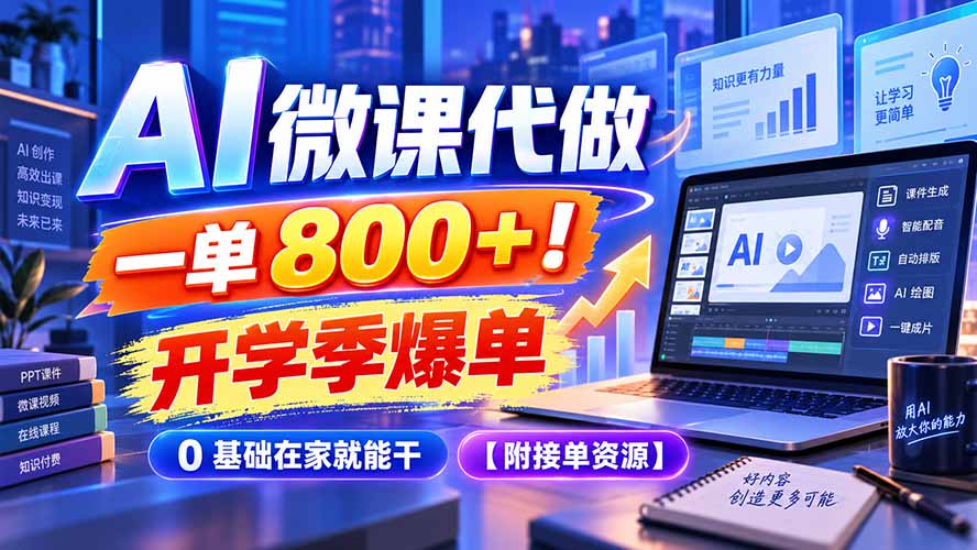 AI 微课代做，一单 800+！开学季爆单，0 基础在家就能干【附接单资源】-摇钱树