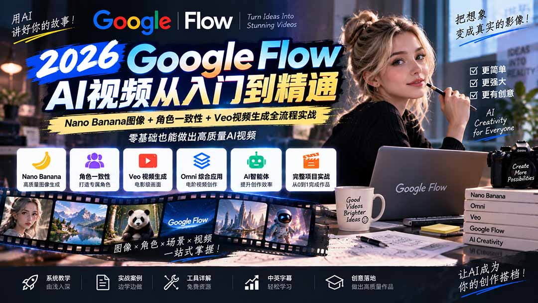 【无水印】Google Flow AI视频从入门到精通:Nano Banana图像+角色一致性+Veo视频生成全流程实战-精翻中英字幕-摇钱树