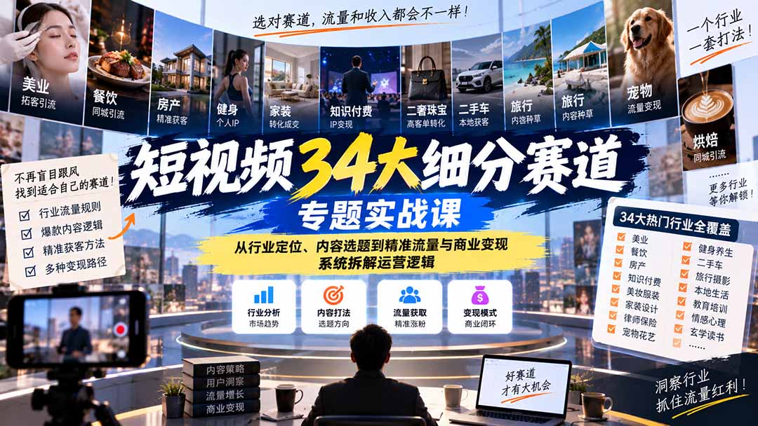 短视频34大细分赛道专题实战课：从行业定位、内容选题到精准流量与商业变现，系统拆解运营逻辑-摇钱树