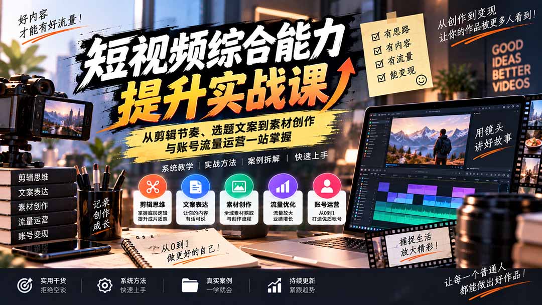 短视频综合能力提升实战课：从剪辑节奏、选题文案到素材创作与账号流量运营一站掌握-摇钱树