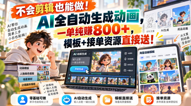 不会剪辑也能做!AI全自动生成动画,一单纯賺800+,模板+接单资源直接送!【揭秘】-摇钱树