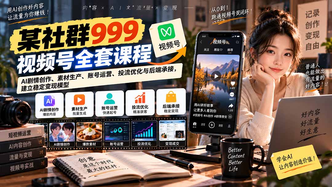 【无水印】某社群999视频号全套课程:AI剧情创作、素材生产、账号运营、投流优化与后端承接,建立稳定变现模型-摇钱树