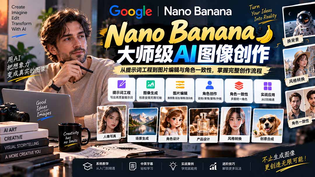 【无水印】Nano Banana大师级AI图像实战课:从提示词工程到图片编辑与角色一致性,掌握完整创作流程-摇钱树