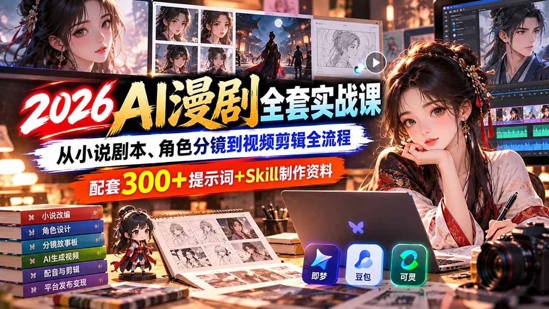 【无水印】2026AI漫剧全套实战课：从小说剧本、角色分镜到视频剪辑全流程，配套300+提示词+Skill制作资料-摇钱树