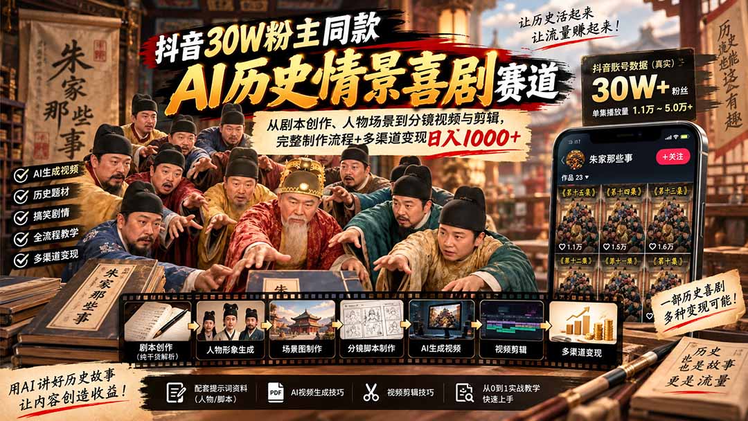 抖音30W粉博主同款AI历史情景喜剧赛道：从剧本创作、人物场景到分镜视频与剪辑，完整制作流程+多渠道变现日入1000+-摇钱树