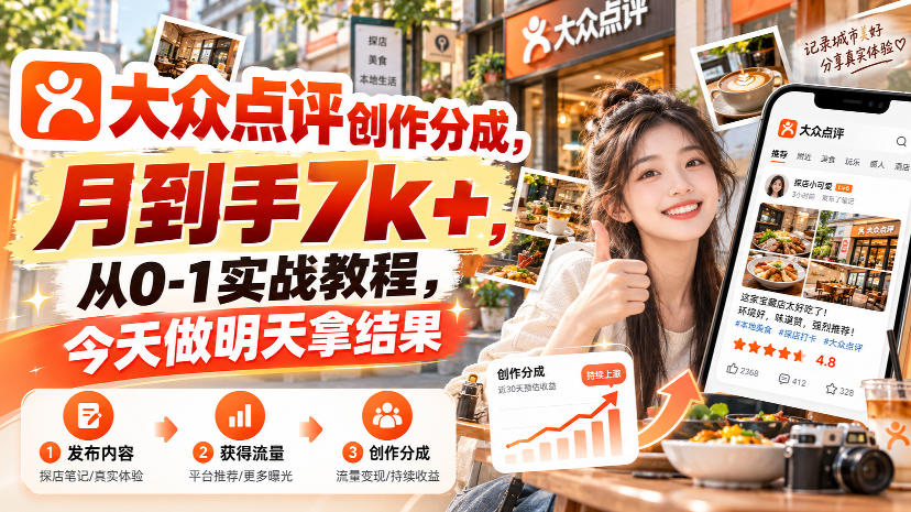大众点评创作分成,月到手7k+,从0-1实战教程,今天做明天拿结果-摇钱树