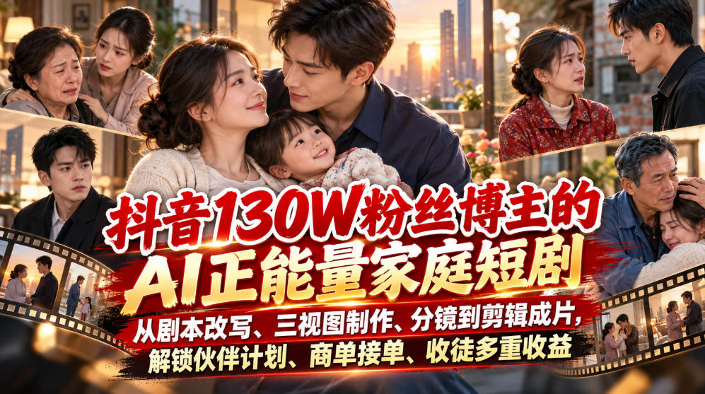 抖音130W粉丝博主的AI正能量家庭短剧，从剧本改写、三视图制作、分镜到剪辑成片，解锁伙伴计划、商单接单、收徒多重收益-摇钱树