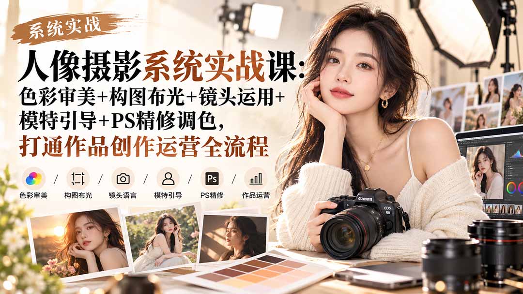 【无水印】人像摄影系统实战课:色彩审美+构图布光+镜头运用+模特引导+PS精修调色,打通作品创作运营全流程-摇钱树