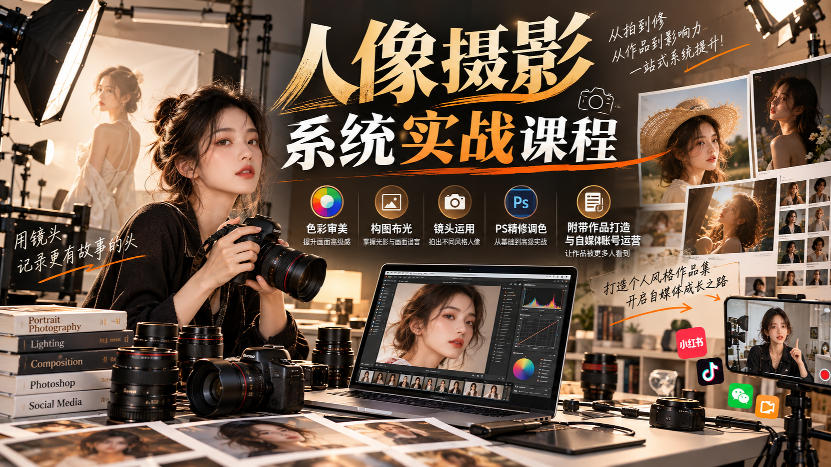 【无水印】人像摄影系统实战课程,色彩审美、构图布光、镜头运用、PS精修调色,附带作品打造与自媒体账号运营-摇钱树