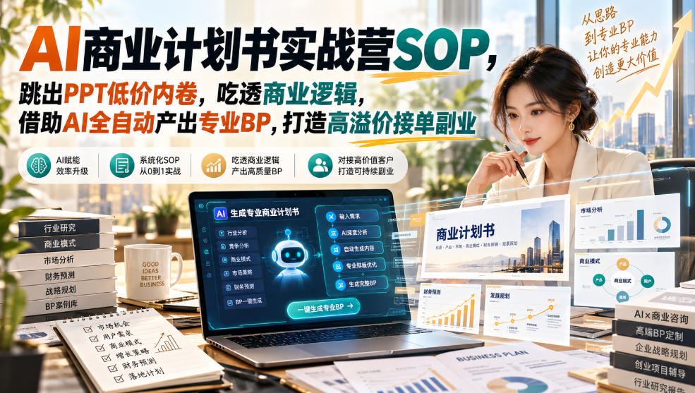 AI商业计划书实战营SOP,跳出PPT低价内卷,吃透商业逻辑,借助AI全自动产出专业BP,打造高溢价接单副业-摇钱树
