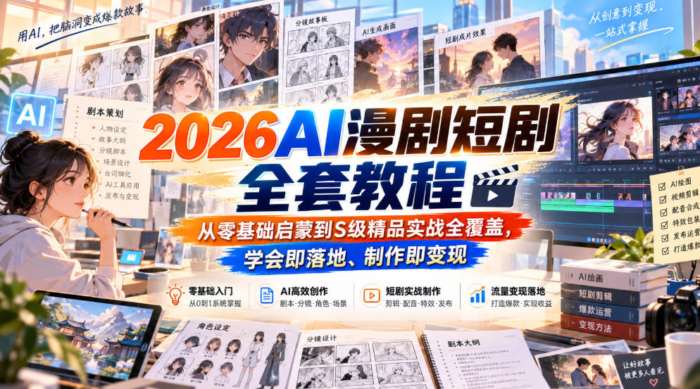 2026AI漫剧短剧全套教程，从零基础启蒙到S级精品实战全覆盖，学会即落地、制作即变现-摇钱树