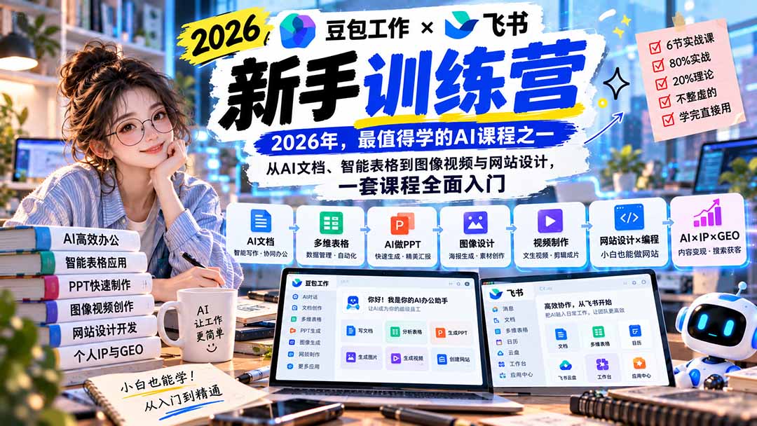 2026豆包工作+飞书新手训练营-9月新课:从AI文档、智能表格到图像视频与网站设计,一套课程全面入门-摇钱树