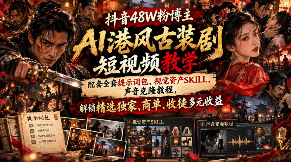 抖音48W粉博主AI港风古装剧短视频教学,配套全套提示词包、视觉资产SKILL、声音克隆教程,解锁精选独家、商单、收徒多元收益-摇钱树