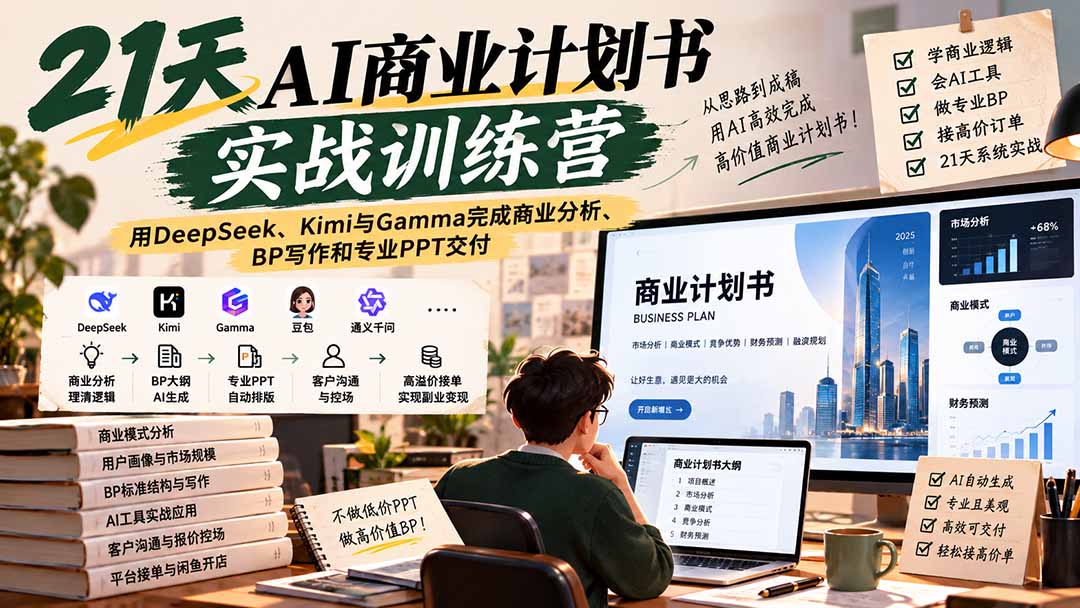 【无水印】21天AI商业计划书实战训练营:用DeepSeek、Kimi与Gamma完成商业分析、BP写作和专业PPT交付-摇钱树