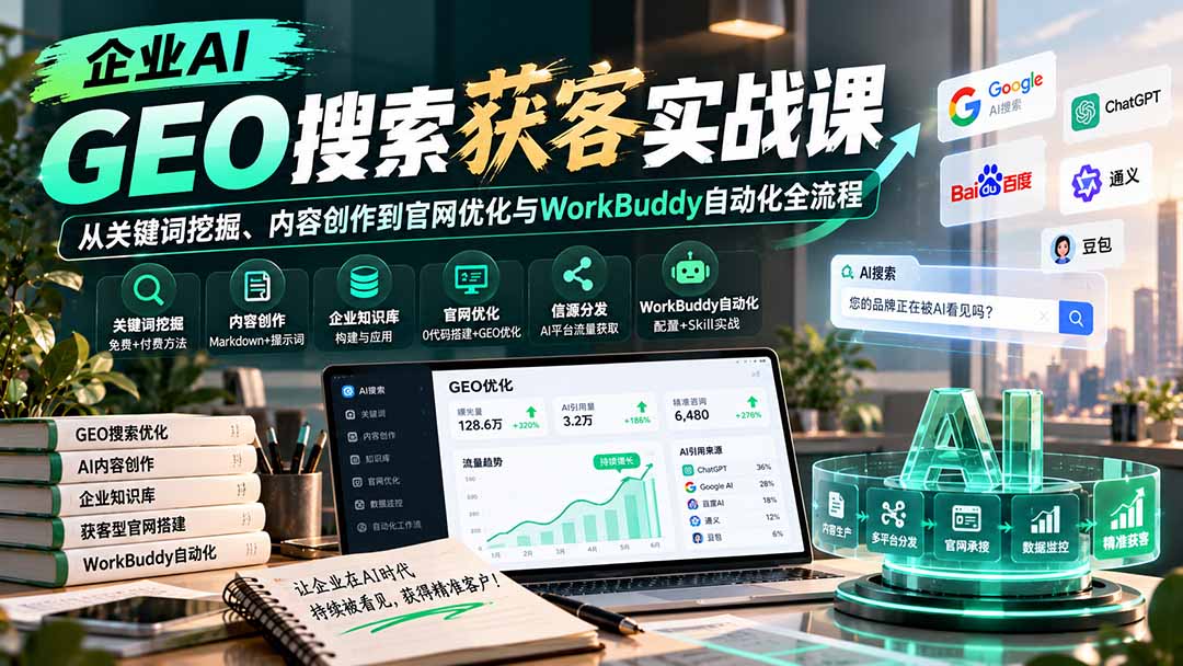 企业AI GEO搜索获客实战课:从关键词挖掘、内容创作到官网优化与WorkBuddy自动化全流程-摇钱树