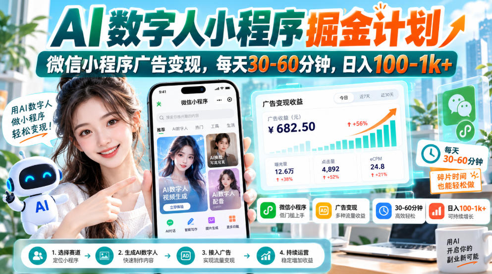 【无水印】AI数字人小程序掘金计划,微信小程序广告变现,每天30‑60分钟,日入100‑1k+-摇钱树