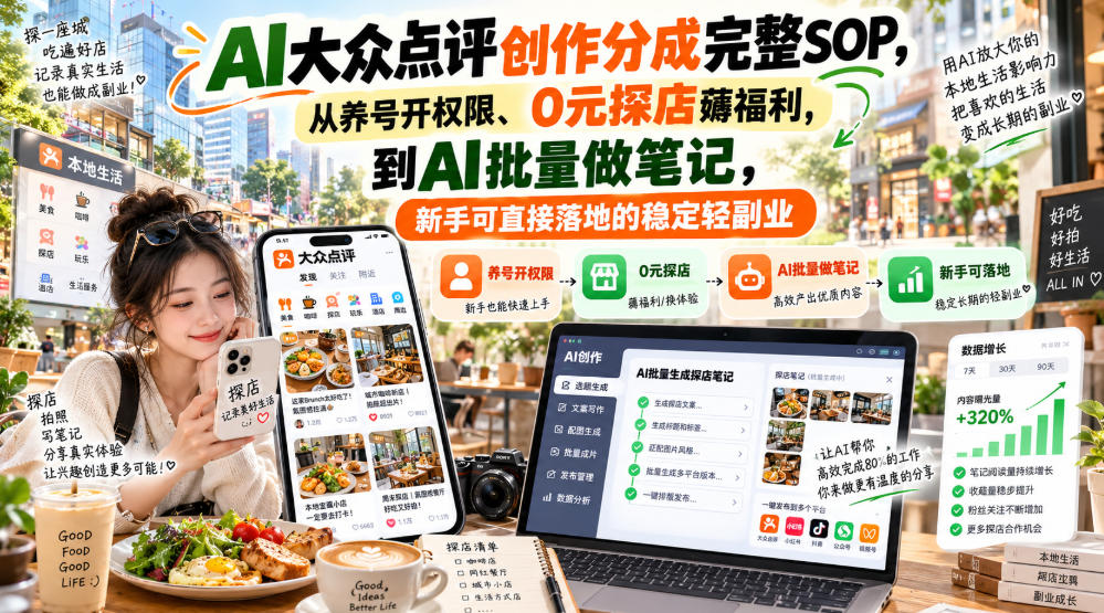 【无水印】AI大众点评创作分成完整SOP，从养号开权限、0元探店薅福利，到AI批量做笔记，新手可直接落地的稳定轻副业-超级个体网赚