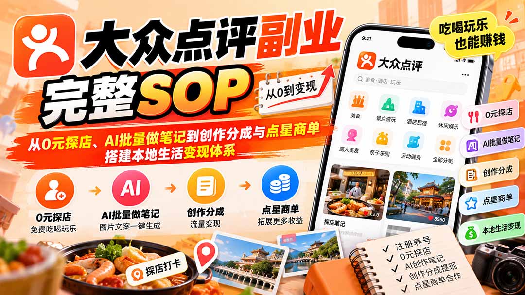 【无水印】大众点评副业完整SOP:从0元探店、AI批量做笔记到创作分成与点星商单,搭建本地生活变现体系-摇钱树
