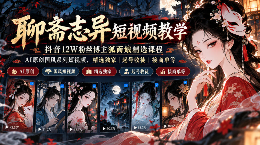 聊斋志异短视频教学，抖音12W粉丝博主狐面娘精选课程，AI原创国风系列短视频，精选独家丨起号收徒丨接商单等-摇钱树