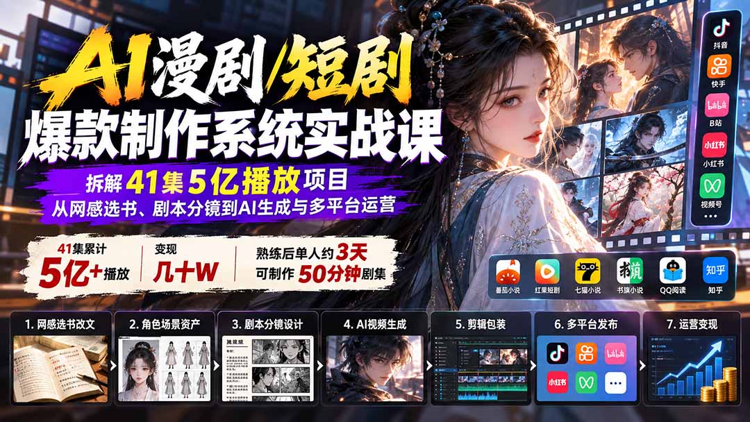 AI漫剧/短剧爆款制作系统实战课:拆解41集5亿播放项目,从网感选书、剧本分镜到AI生成与多平台运营-摇钱树