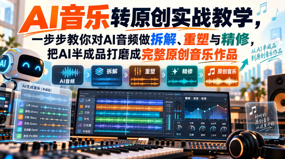 AI音乐转原创实战教学,一步步教你对AI音频做拆解、重塑与精修,把AI半成品打磨成完整原创音乐作品-摇钱树