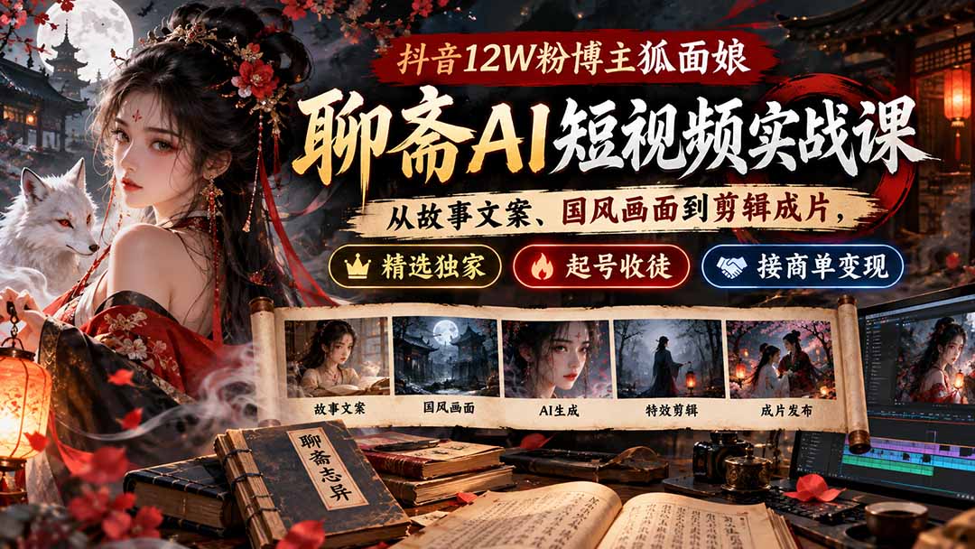 抖音12W粉博主狐面娘-聊斋AI短视频实战课:从故事文案、国风画面到剪辑成片,精选独家+起号收徒+接商单变现-摇钱树