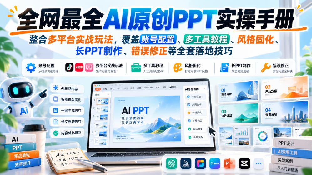 全网最全AI原创PPT实操手册,整合多平台实战玩法,覆盖账号配置、多工具教程、风格固化、长PPT制作、错误修正等全套落地技巧-超级个体网赚