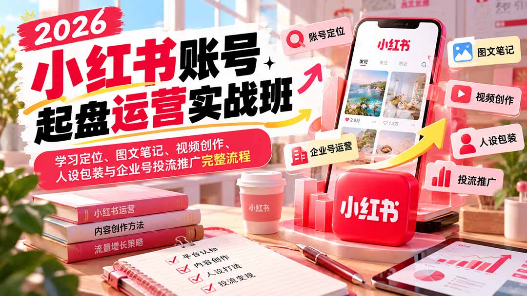 2026小红书账号起盘运营实战班：学习定位、图文笔记、视频创作、人设包装与企业号投流推广完整流程-摇钱树