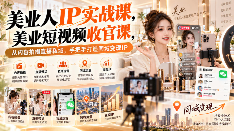 【无水印】美业人IP实战课,美业短视频收官课,从内容拍摄直播私域,手把手打造同城变现IP-摇钱树