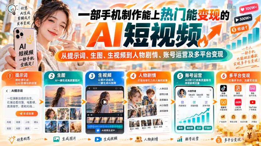【无水印】一部手机制作能上热门能变现的AI短视频,从提示词、生图、生视频到人物剧情、账号运营及多平台变现-摇钱树