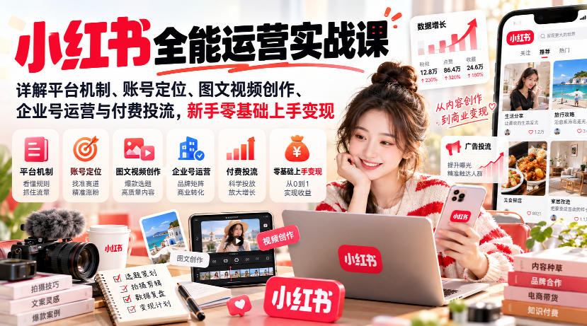 小红书全能运营实战课,详解平台机制、账号定位、图文视频创作、企业号运营与付费投流,新手零基础上手变现-摇钱树