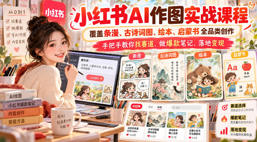 小红书AI作图实战课程，覆盖条漫、古诗词图、绘本、启蒙书全品类创作，手把手教你找赛道、做爆款笔记、落地变现-摇钱树