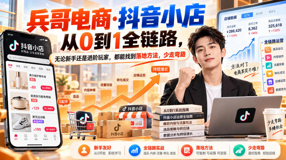 【无水印】兵哥电商·抖音小店从0到1全链路,无论新手还是进阶玩家,都能找到落地方法,少走弯路(更新9月)-摇钱树