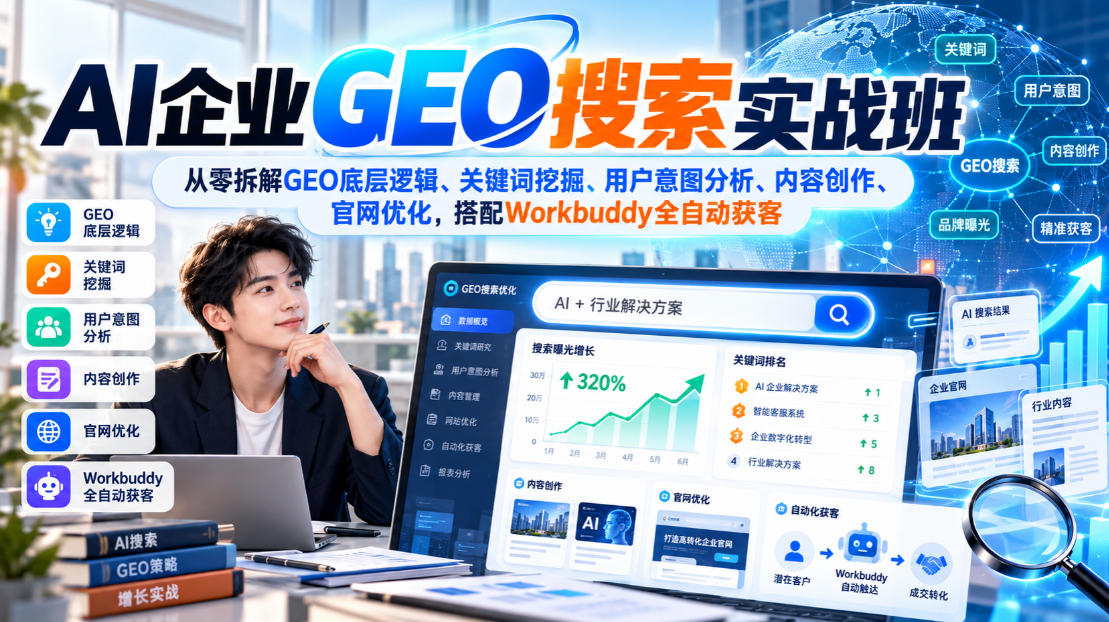 AI企业GEO搜索实战班，从零拆解GEO底层逻辑、关键词挖掘、用户意图分析、内容创作、官网优化，搭配Workbuddy全自动获客-摇钱树