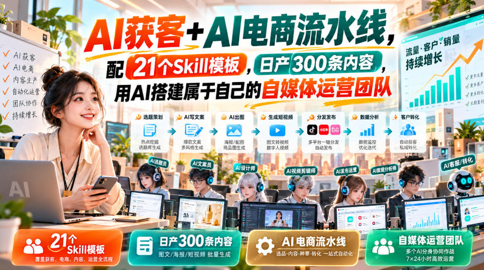 AI获客+AI电商流水线，配21个Skill模板，日产300条内容，用AI搭建属于自己的自媒体运营团队-摇钱树