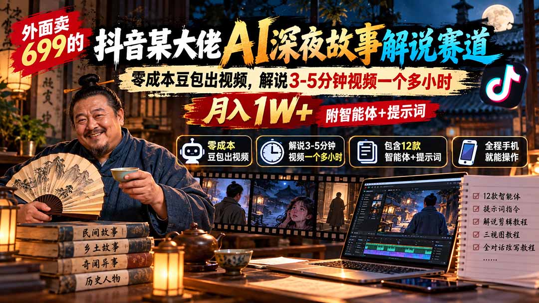 外面卖699的抖音某大佬AI深夜故事解说赛道：零成本豆包出视频，解说3-5分钟视频一个多小时，月入1W+附智能体+提示词-好学创业资源