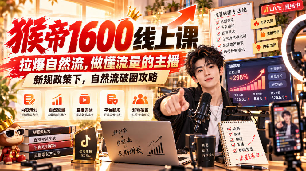 猴帝1600线上课,拉爆自然流,做懂流量的主播,新规政策下,自然流破圈攻略【更新260926】-摇钱树