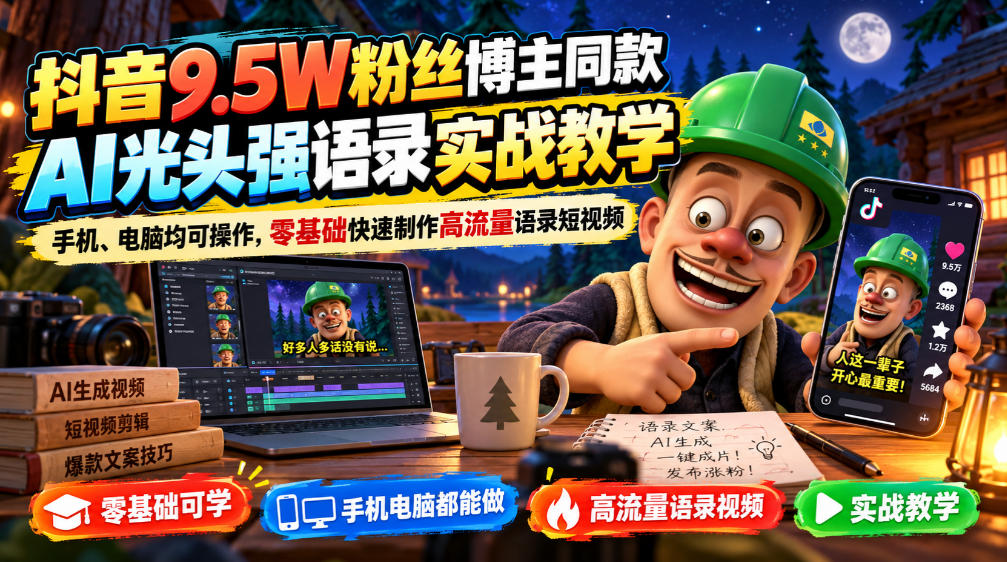 抖音9.5W粉丝博主同款AI光头强语录实战教学,手机、电脑均可操作,零基础快速制作高流量语录短视频-摇钱树