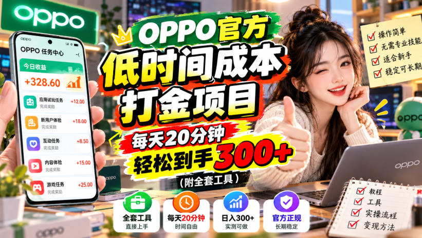 OPPO官方低时间成本打金项目，每天20分钟，轻松到手300+(附全套工具)【揭秘】-摇钱树