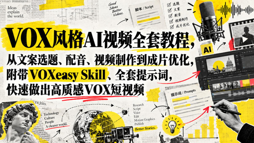 VOX风格AI视频全套教程,从文案选题、配音、视频制作到成片优化,附带VOXeasy Skill、全套提示词,快速做出高质感VOX短视频-摇钱树