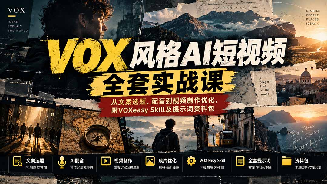 【无水印】VOX风格AI短视频全套实战课:从文案选题、配音到视频制作优化,附VOXeasy Skill及提示词资料包-摇钱树
