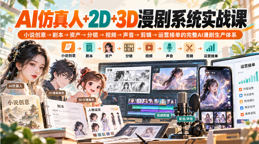 【无水印】AI仿真人+2D+3D漫剧系统实战课,小说创意→剧本→资产→分镜→视频→声音→剪辑→运营接单的完整AI漫剧生产体系-摇钱树