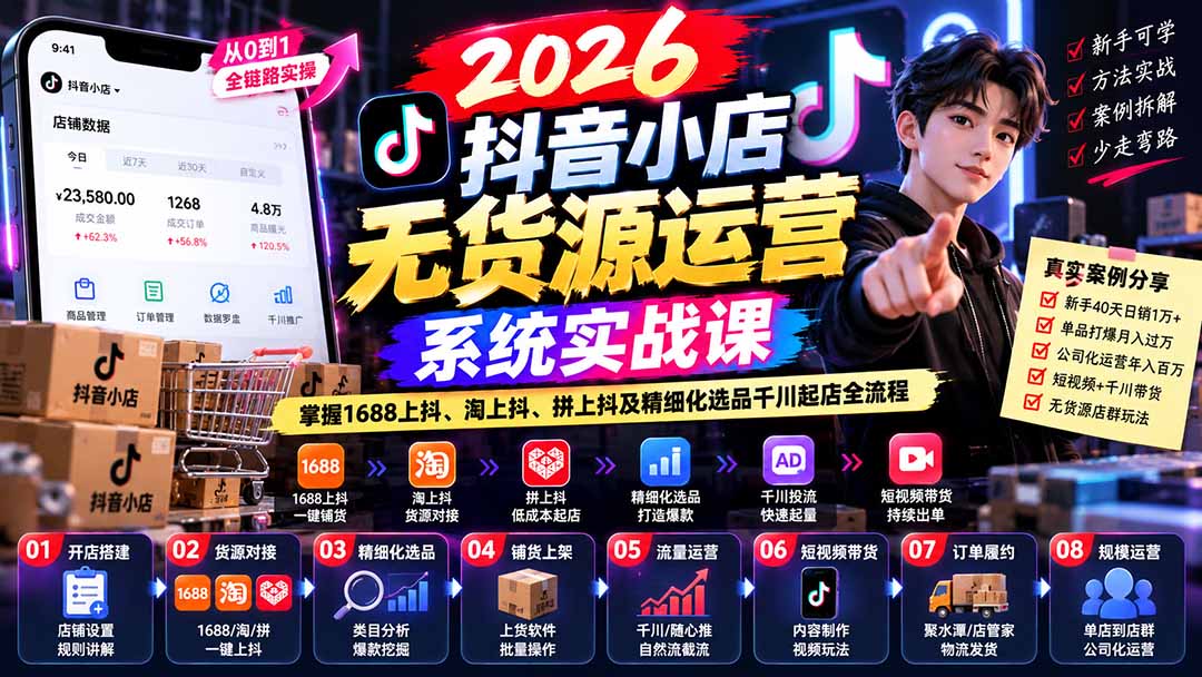 【无水印】2026抖音小店无货源运营系统实战课：掌握1688上抖、淘上抖、拼上抖及精细化选品千川起店全流程-摇钱树