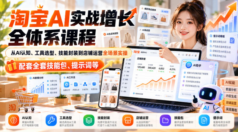 淘宝AI实战增长全体系课程,从AI认知、工具选型、技能封装到店铺运营全场景实操,配套全套技能包、提示词等-摇钱树